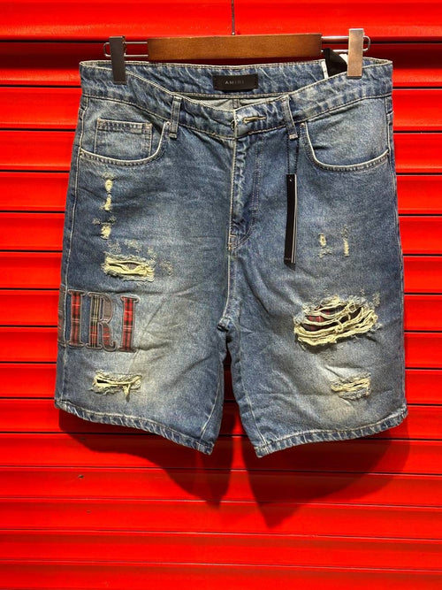 Distressed Logo Denim Shorts