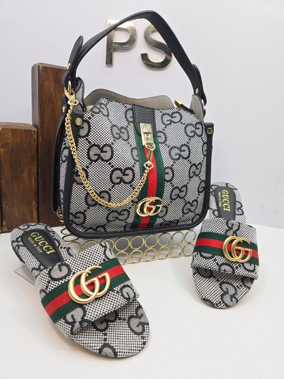 Monogram Canvas Hobo Bag & Slide Sandals Set – Black & White