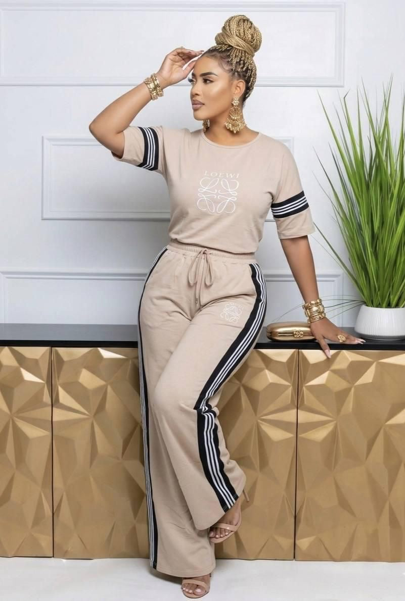 Beige Stripe Two-Piece Lounge Set