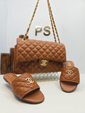 Quilted Leather Bag & Slide Sandals Set – Cognac Brown
