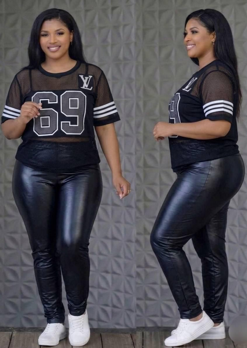 Women's Mesh Jersey Top & Faux Leather Legging Two-Piece Set