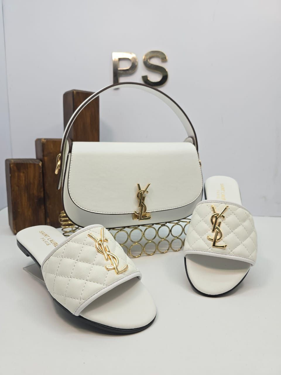 Logo Hardware Leather Shoulder Bag & Quilted Slide Sandals Set – White