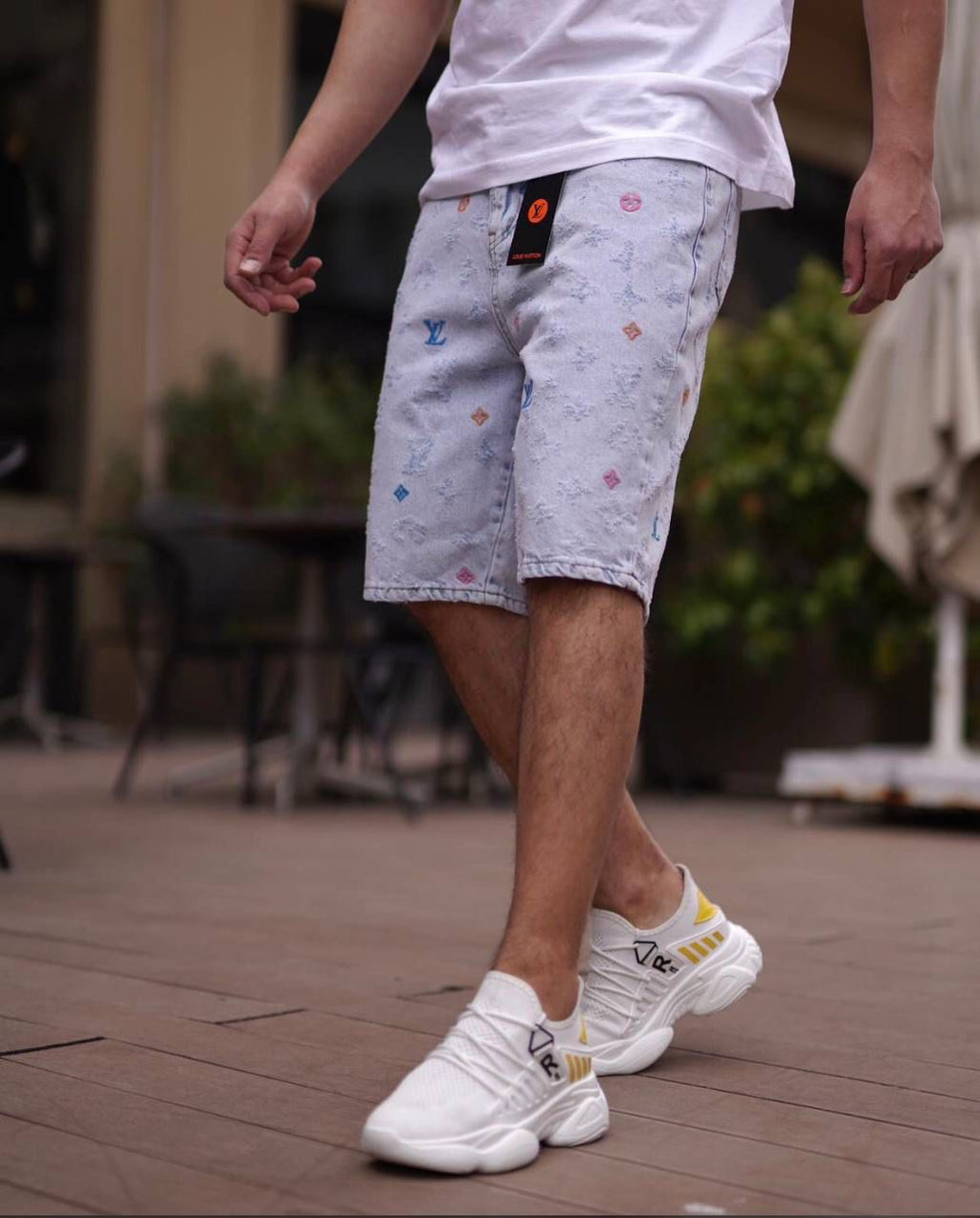 Monogram Print Denim Shorts- Men