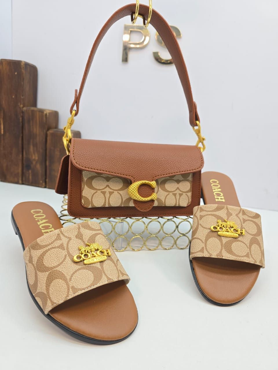 Signature Canvas & Leather Shoulder Bag and Slide Sandals Set – Tan