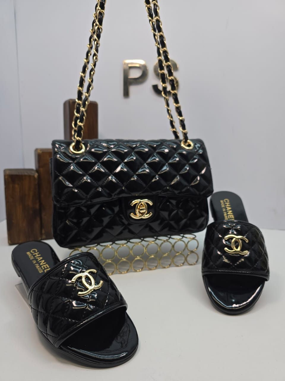 Quilted Patent Leather Bag & Slide Sandals Set
