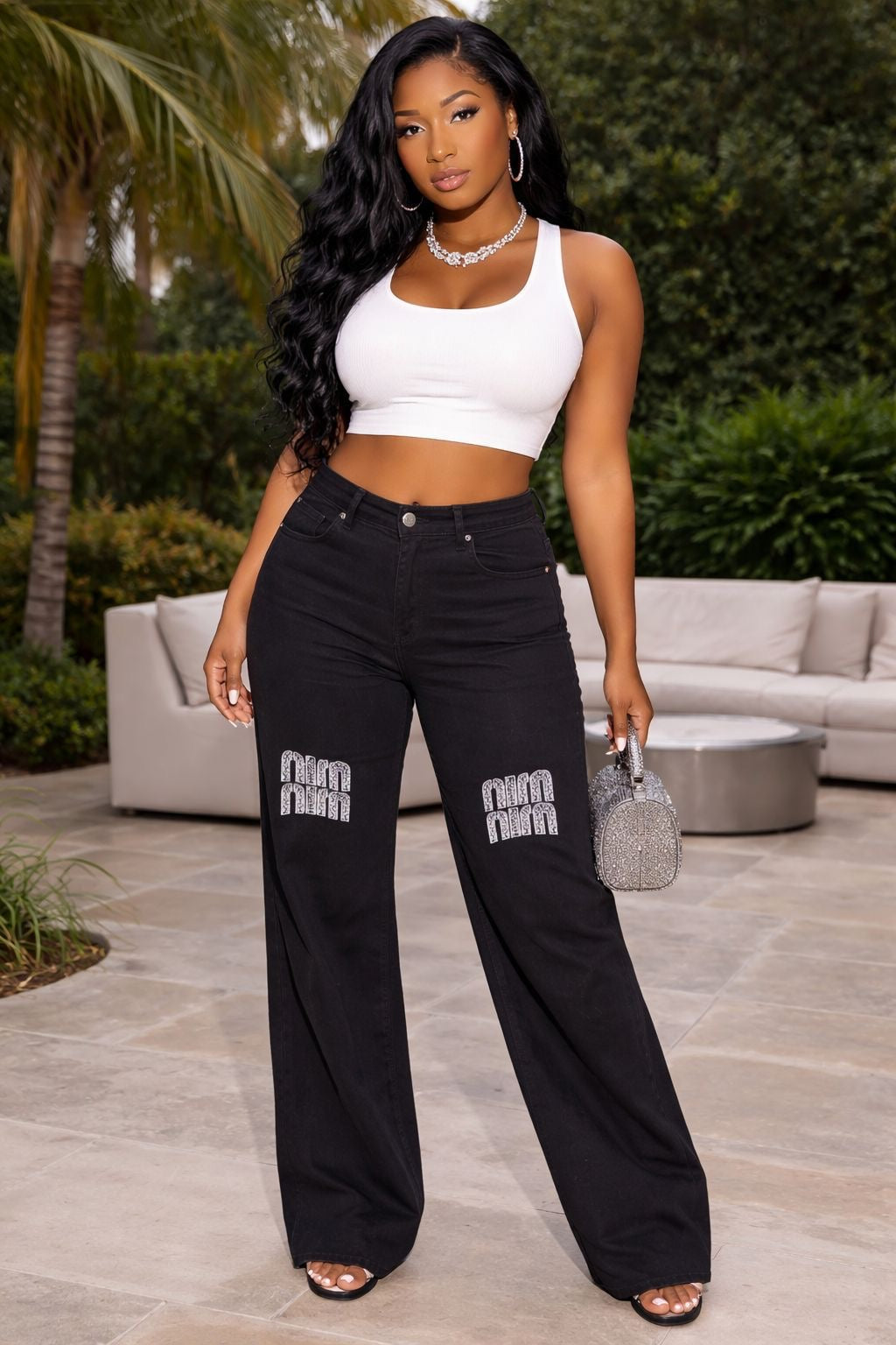 Black Rhinestone Logo Wide-Leg Jeans