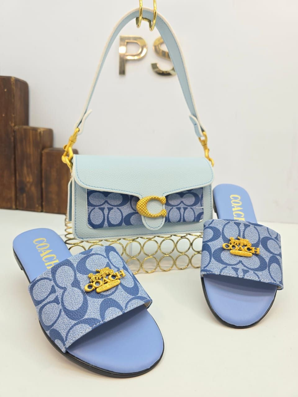 Signature Monogram Shoulder Bag & Slide Sandals Set – Blue