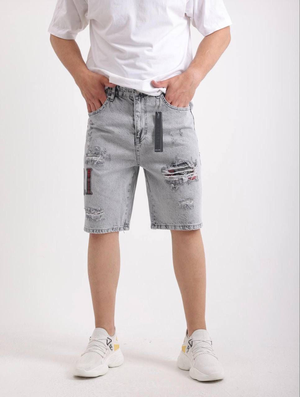 Distressed Logo Denim Shorts