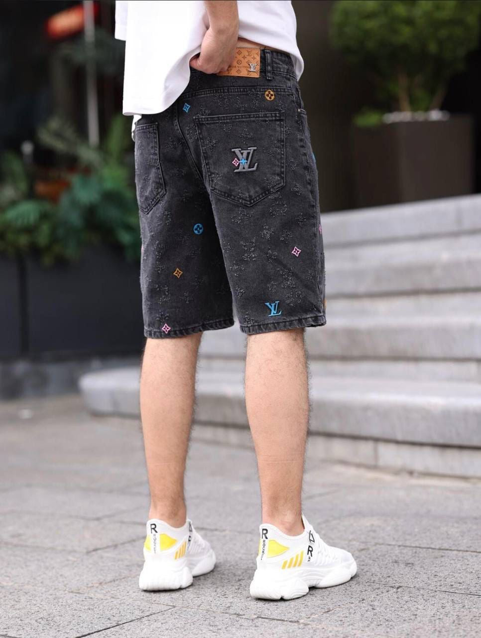 Monogram Print Denim Shorts- Men