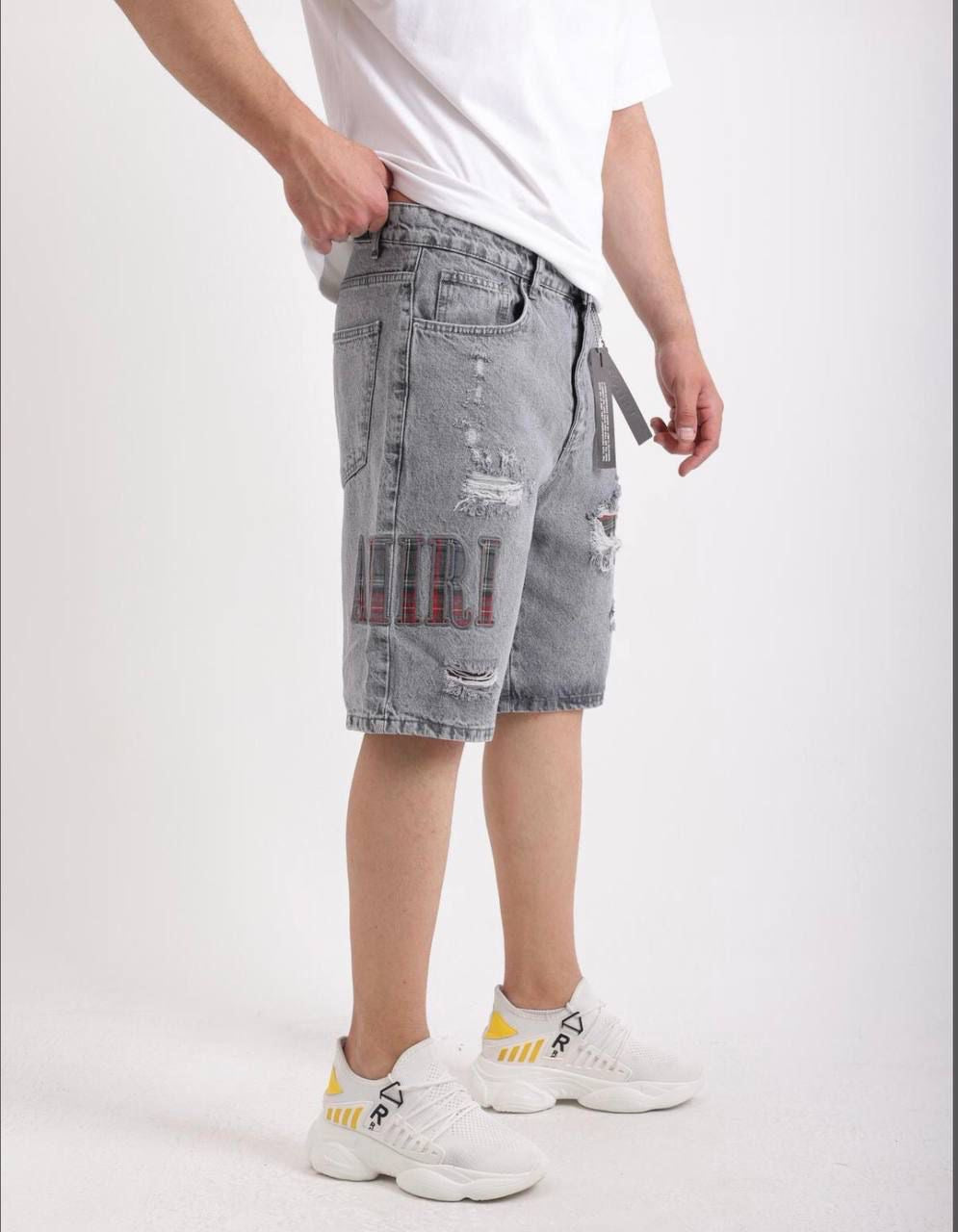 Distressed Logo Denim Shorts